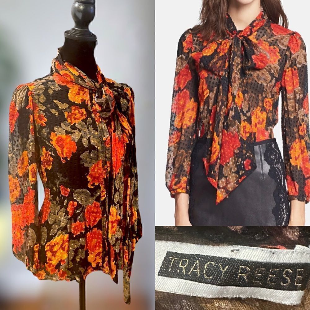 Tracy Reese NY Silk Blouse Top Tie Neck Long Sleeve Sheer Floral Size XS